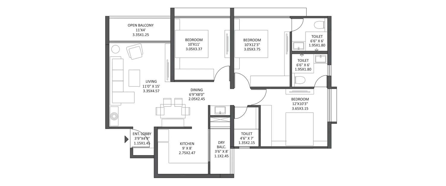 Floor plan for 3 BHK
