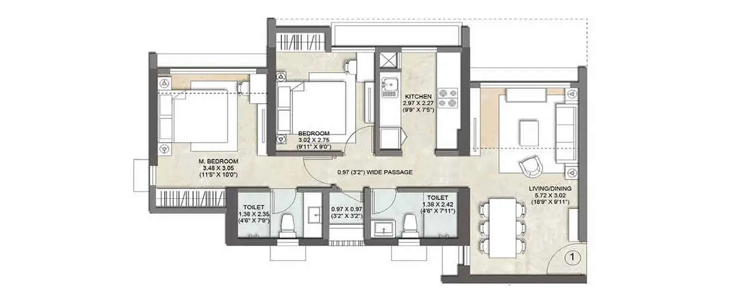 Floor plan for 2 BHK