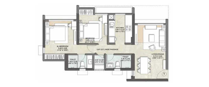 Kalpataru Expansia Kolshet Road - Floor plan 2 BHK 672 Sq.ft