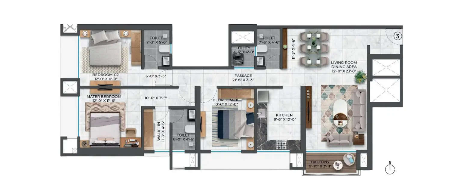 Floor plan for 3 BHK