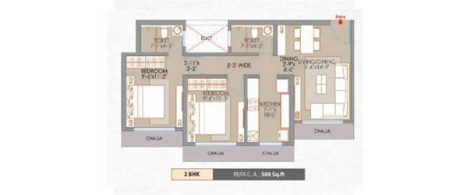 Veena Smart Homes Kandivali - Floor plan 2 BHK 588 Sq.ft