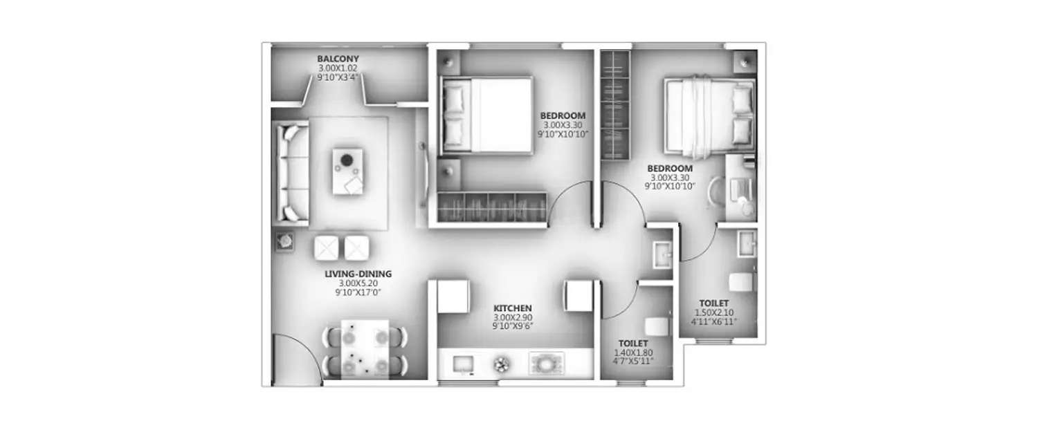 Floor plan for 2 BHK