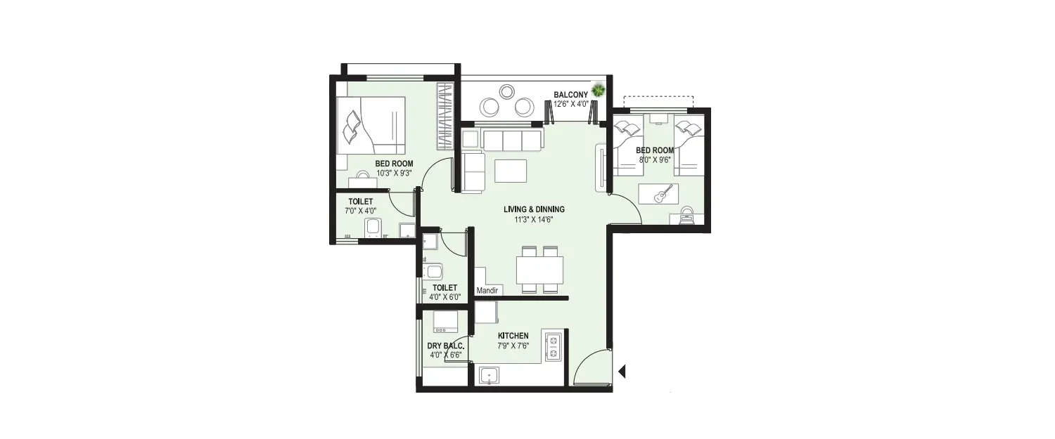 Floor plan for 2 BHK