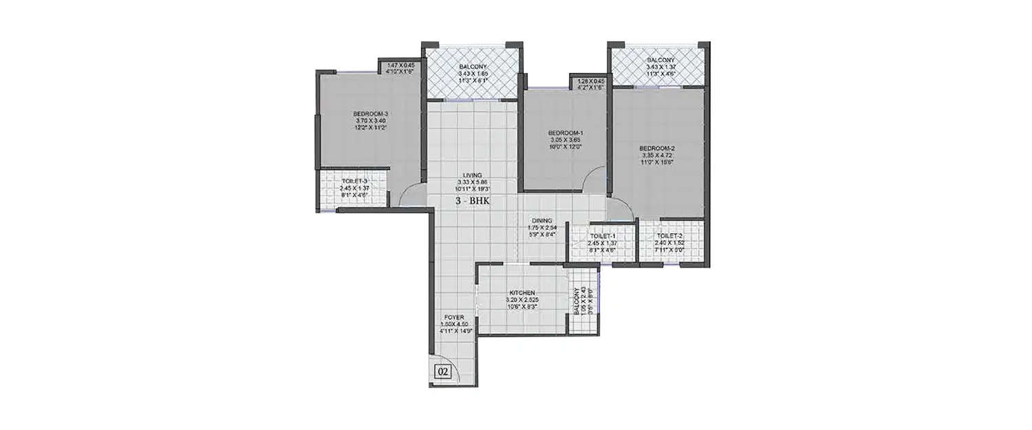 Floor plan for 3 BHK