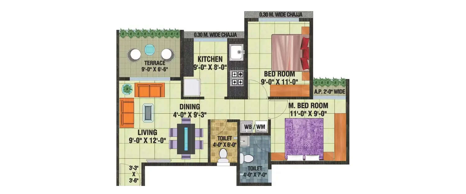 Floor plan for 2 BHK