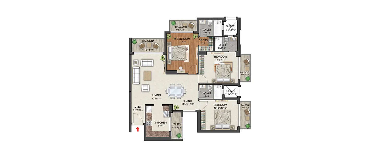 Floor plan for 3 BHK