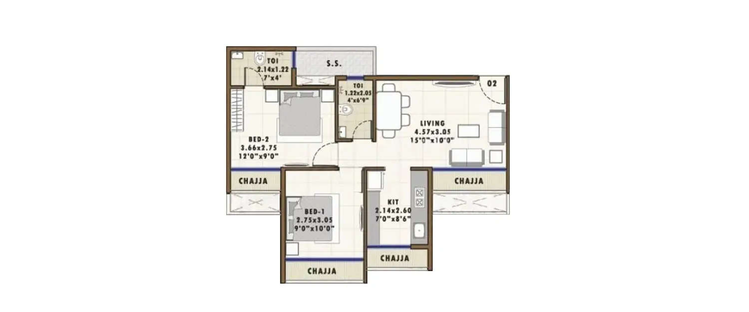 Floor plan for 2 BHK
