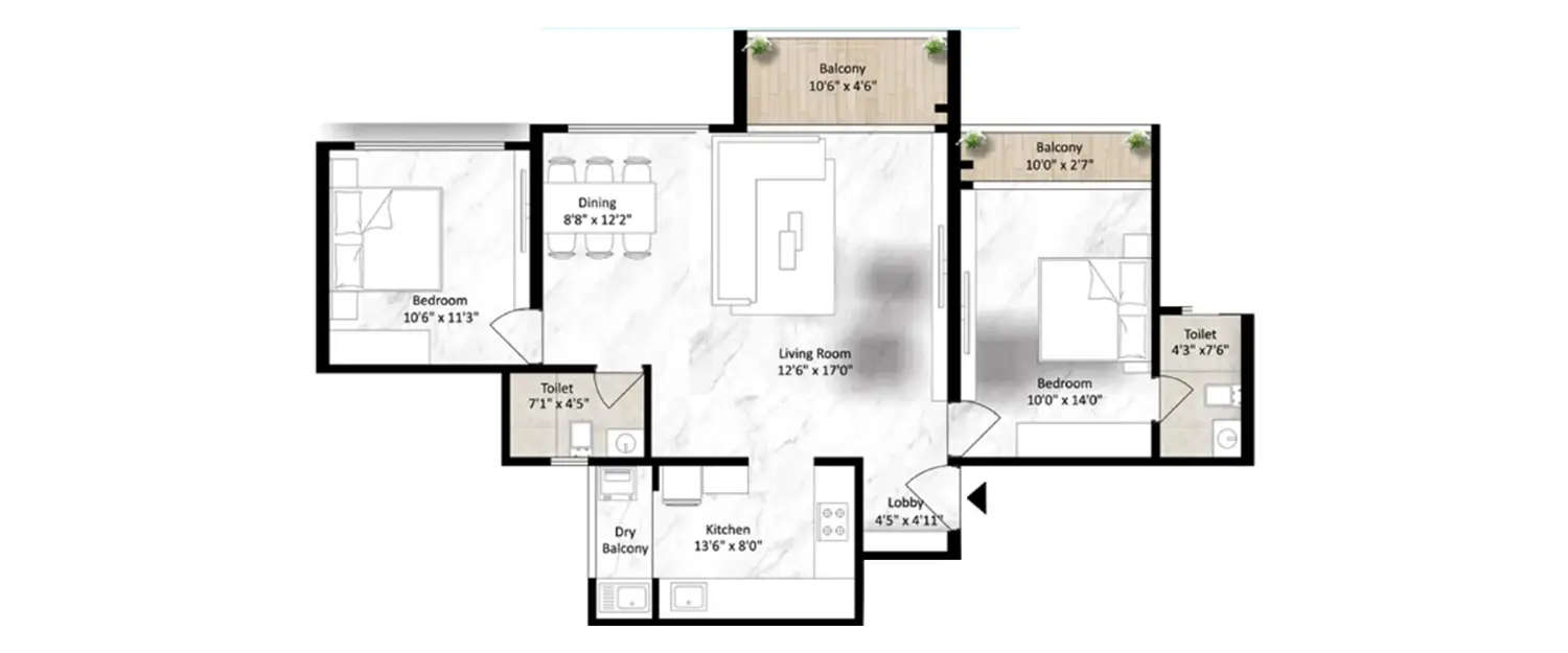 Floor plan for 3 BHK