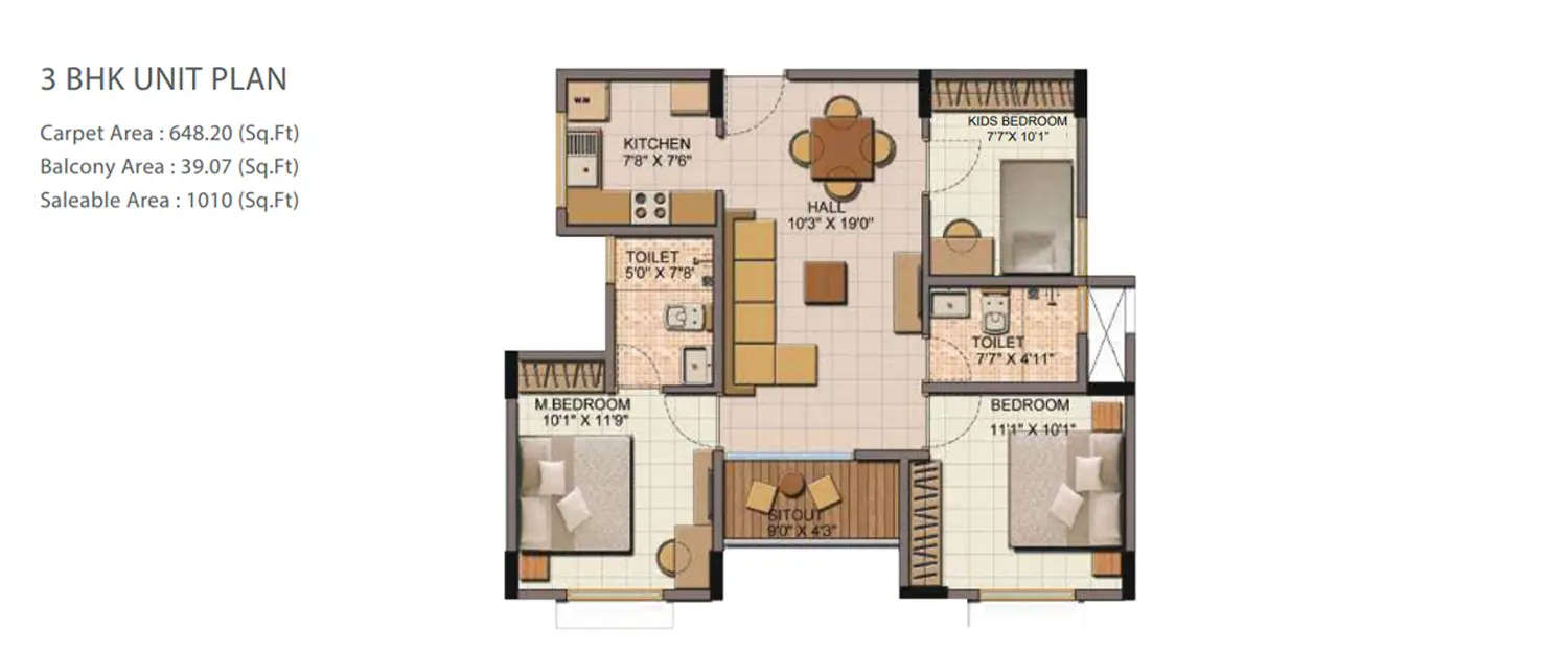 Floor plan for 3 BHK