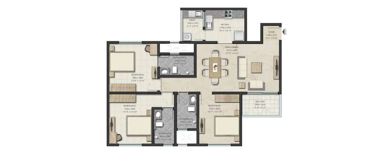 Floor plan for 3 BHK