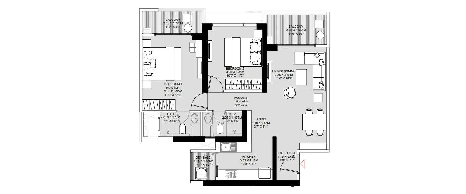 Floor plan for 2 BHK