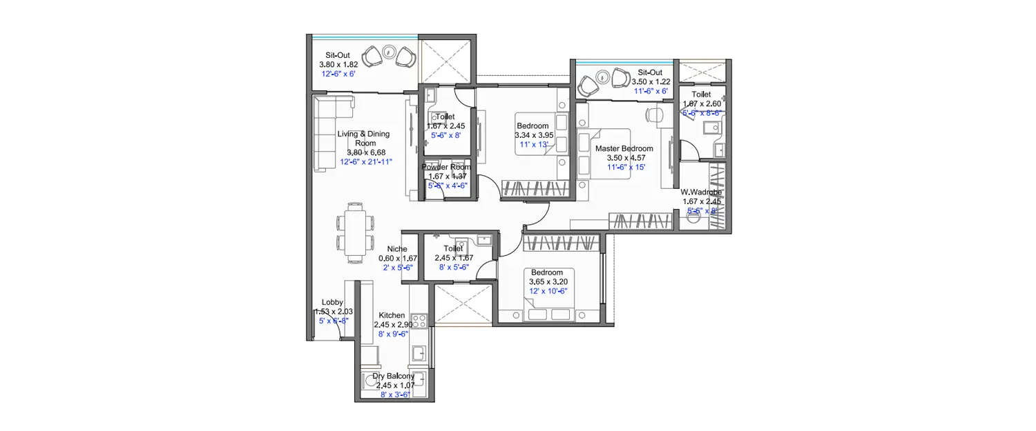 Floor plan for 3 BHK