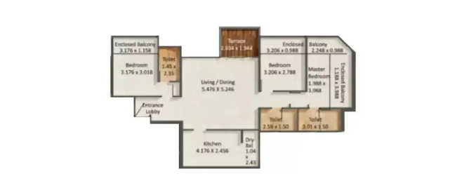 Kumar Prospera Hadapsar - Floor plan 3 BHK 1010 Sq.ft