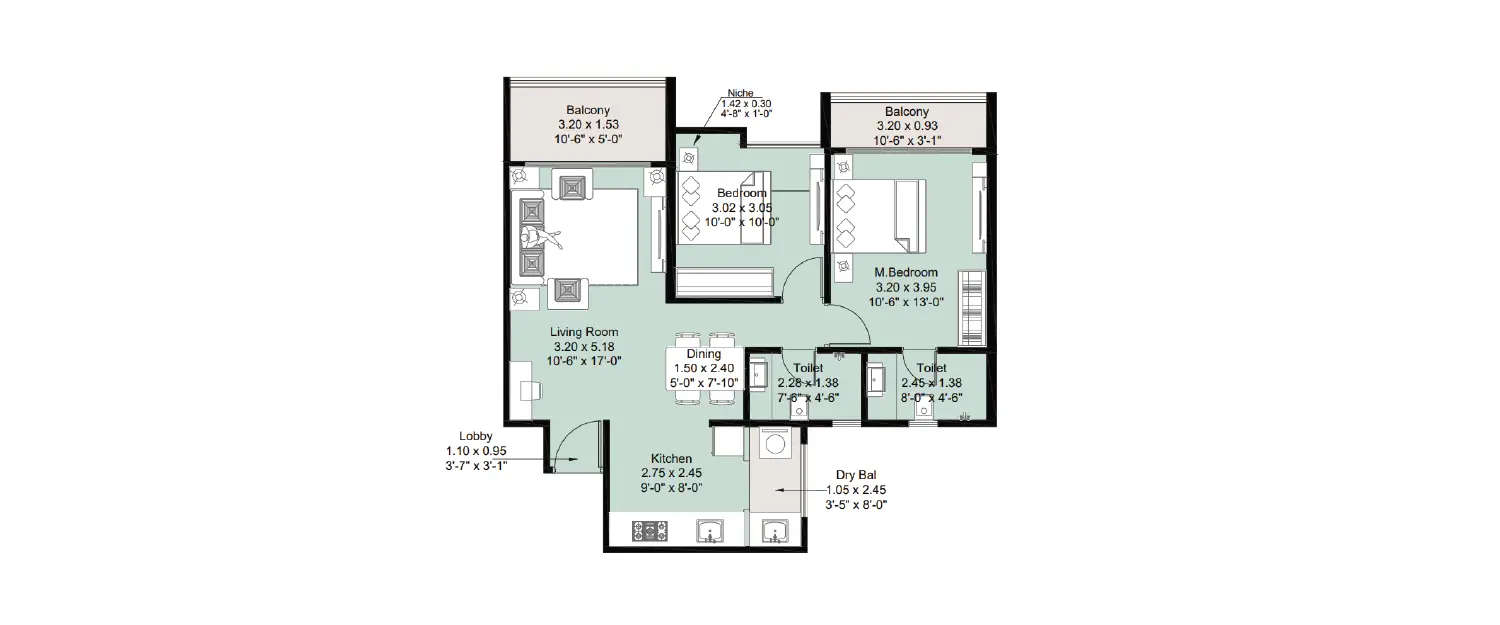Floor plan for 2 BHK