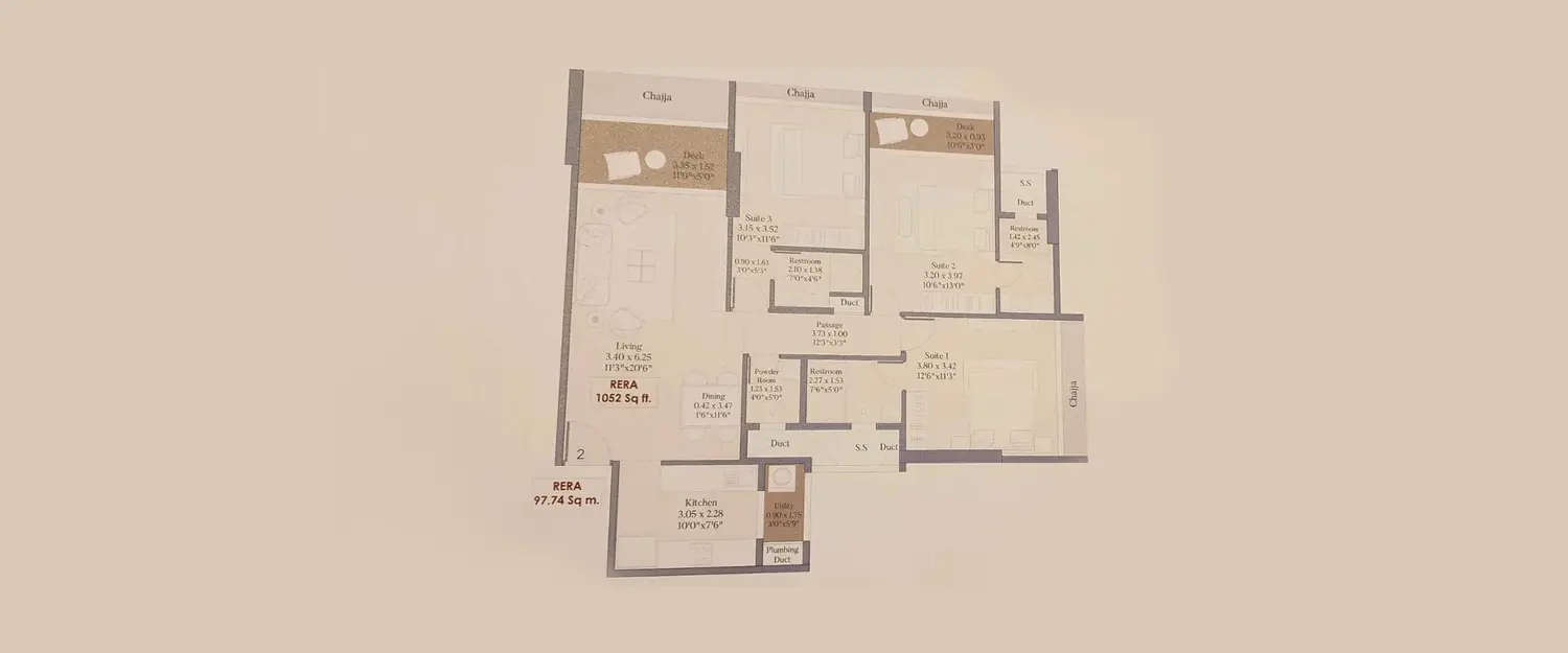 Floor plan for 3 BHK