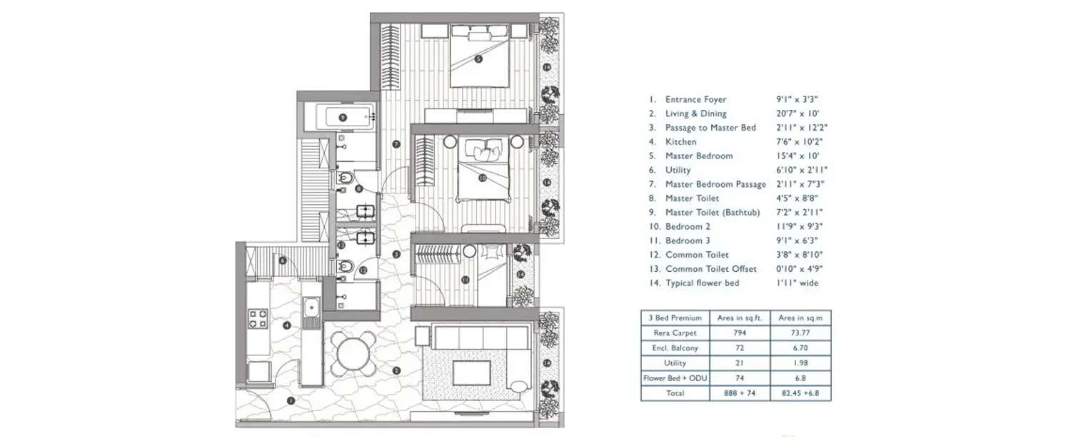 Floor plan for 3 BHK
