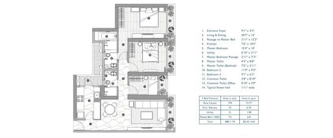Neelkanth Hallmark Ghodbunder Road - Floor plan 3 BHK 888 Sq.ft