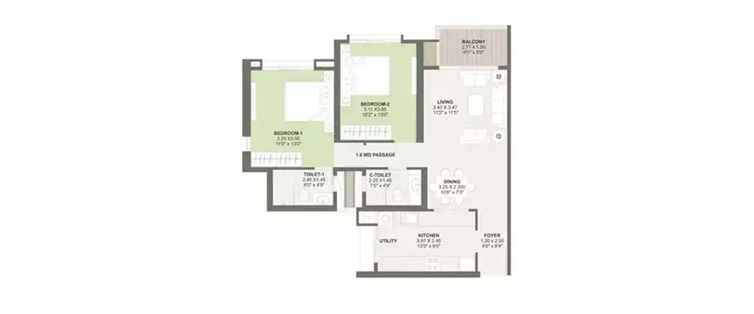 Floor plan for 2 BHK