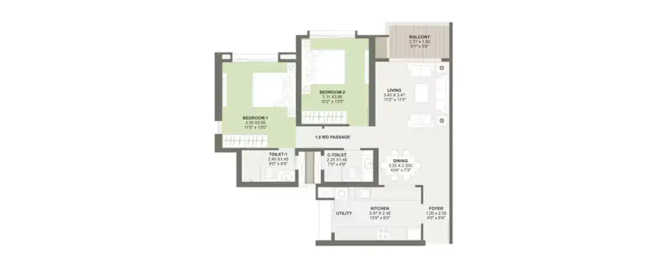 K Raheja Reserve Mohammed Wadi - Floor plan 2 BHK 779 Sq.ft