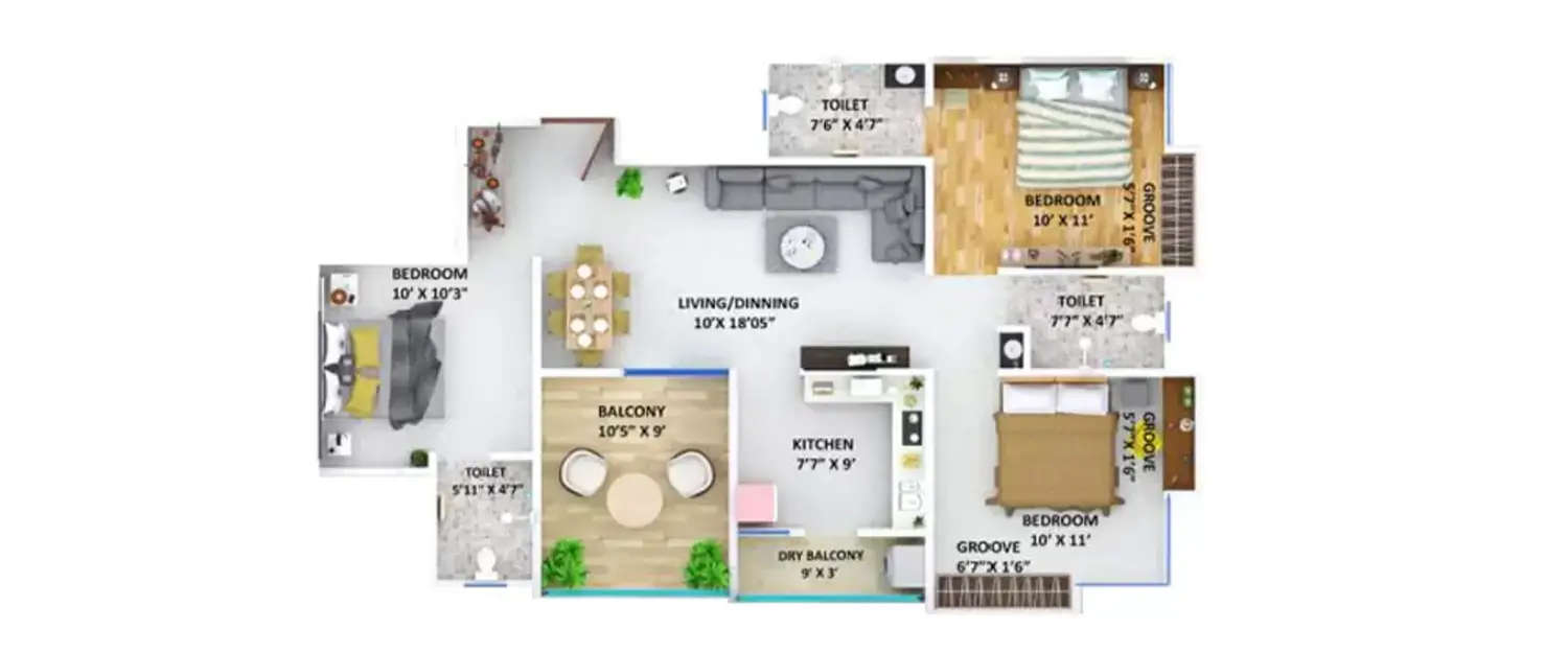 Floor plan for 3 BHK