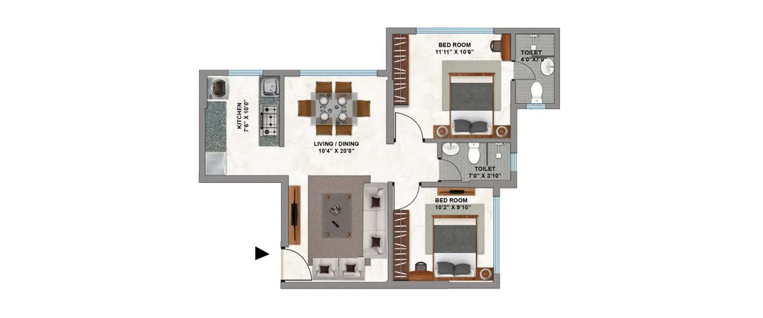 Floor plan for 2 BHK
