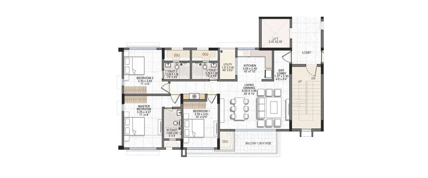 Floor plan for 3 BHK