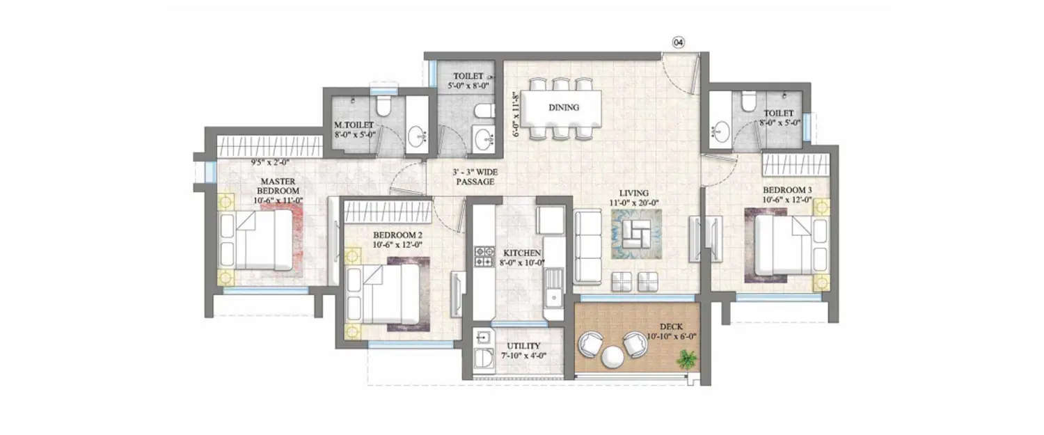 Floor plan for 3 BHK