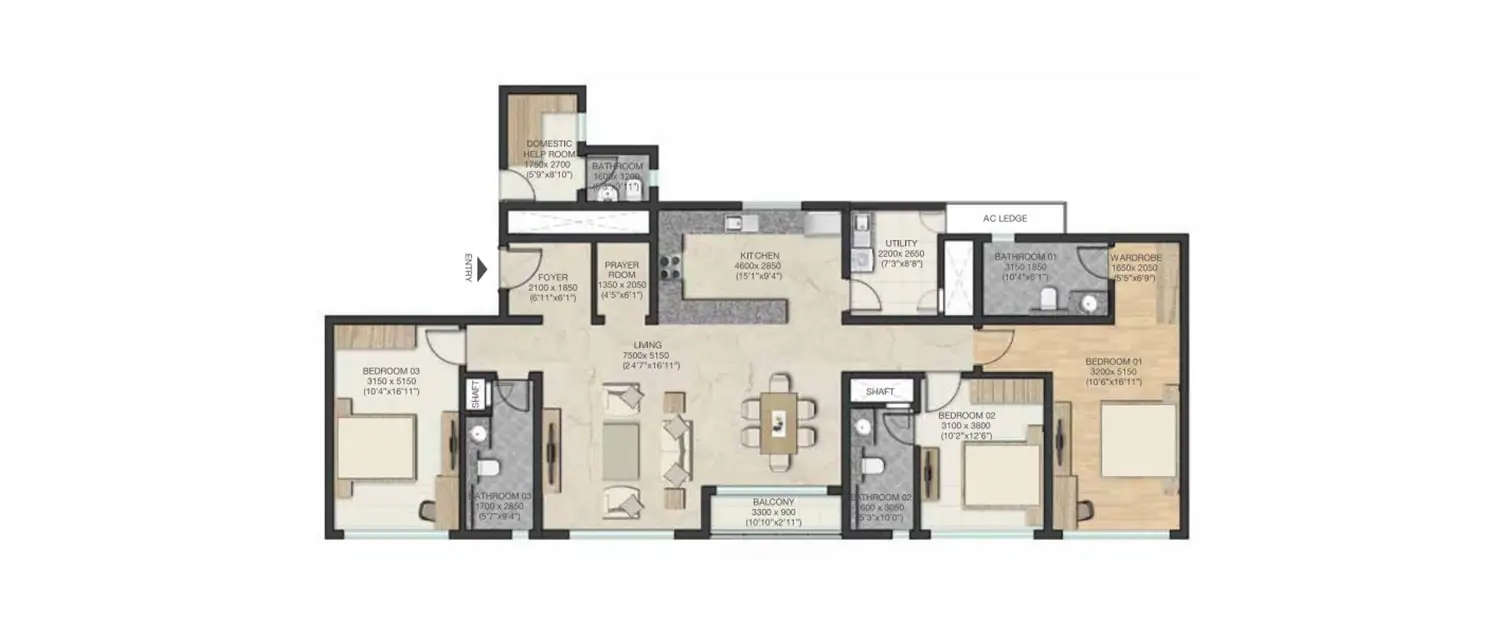 Floor plan for 3 BHK