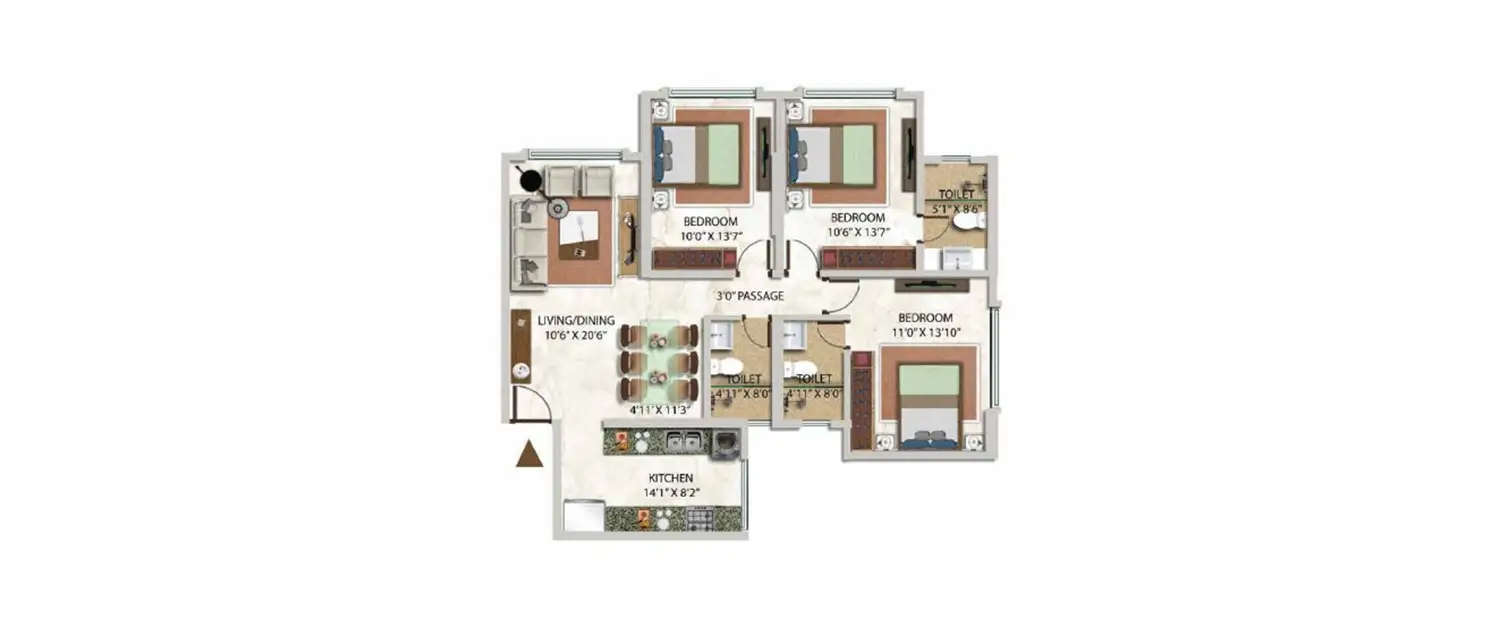 Floor plan for 3 BHK