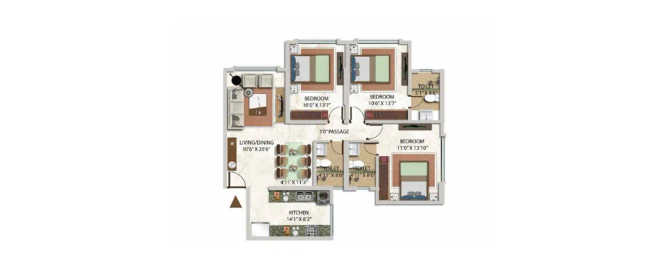 Kolte Patil Verve Goregaon - Floor plan 3 BHK 1033 Sq.ft