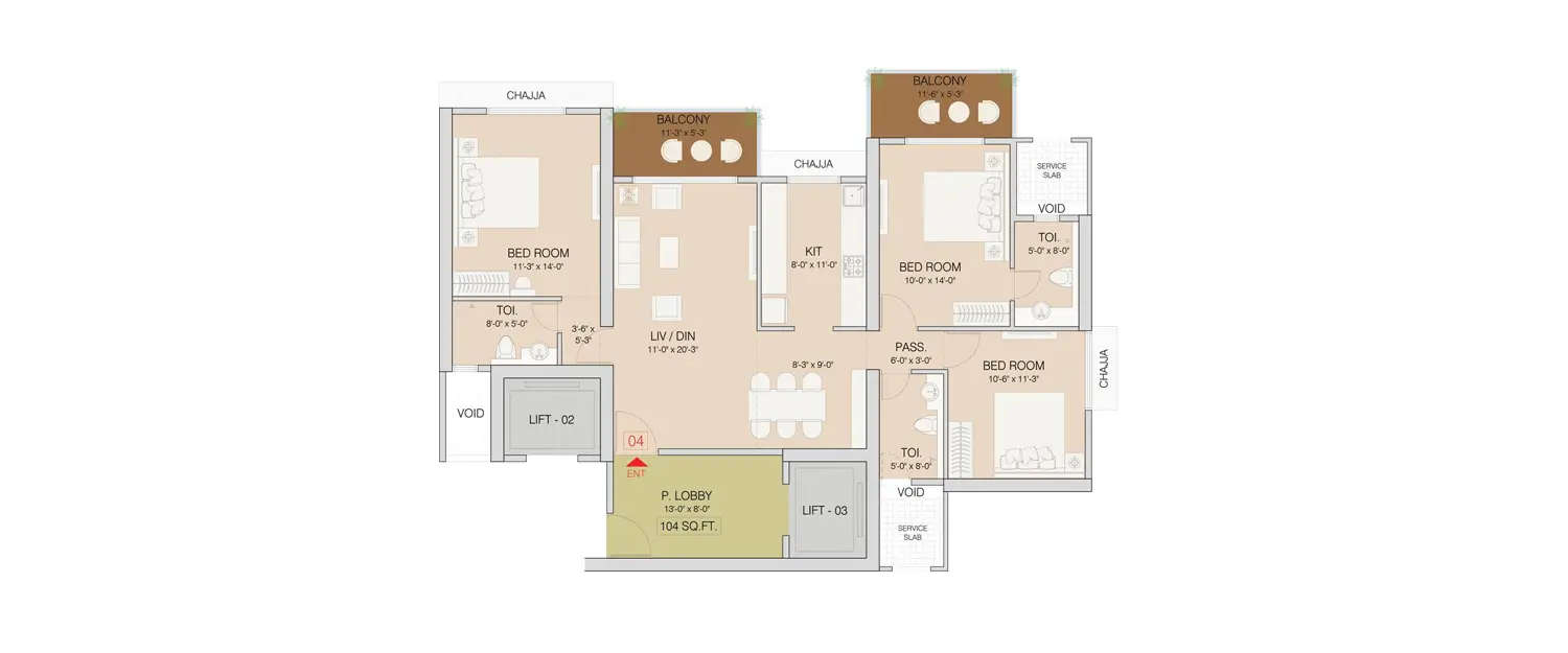 Floor plan for 3 BHK