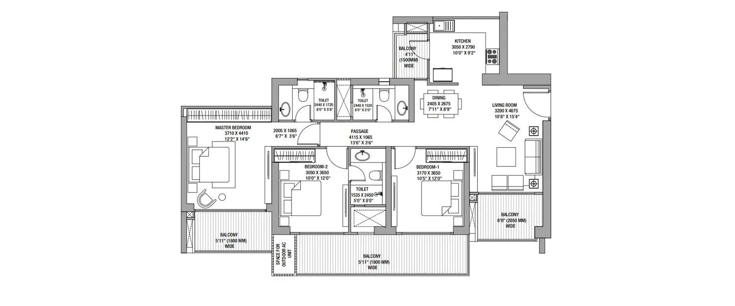 Floor plan for 3 BHK