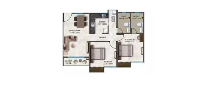 Kumar Megapolis Saffron Hinjewadi - Floor plan 2 BHK 617 Sq.ft