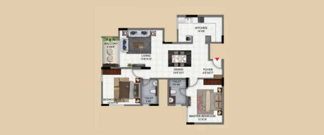 Salarpuria Sattva Exotic Dwarka Nagar - Floor plan 2 BHK 938 Sq.ft