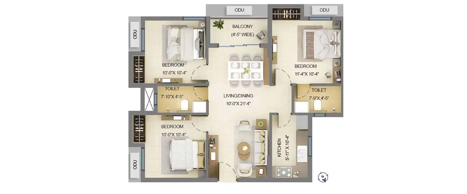 Floor plan for 3 BHK