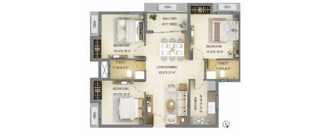 Merlin Serenia Baranagar - Floor plan 3 BHK 865 Sq.ft