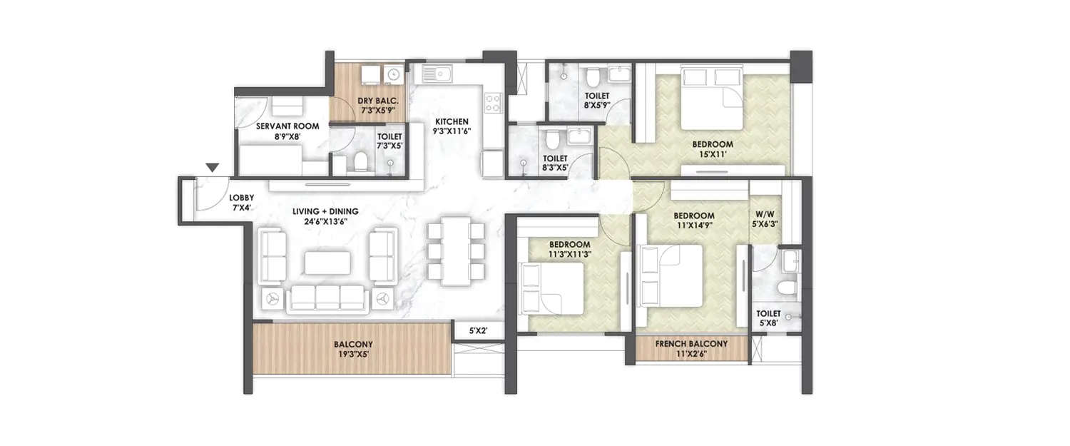 Floor plan for 3 BHK