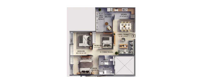 F Residences Merlin Rajarhat - Floor plan 3 BHK 1001 Sq.ft
