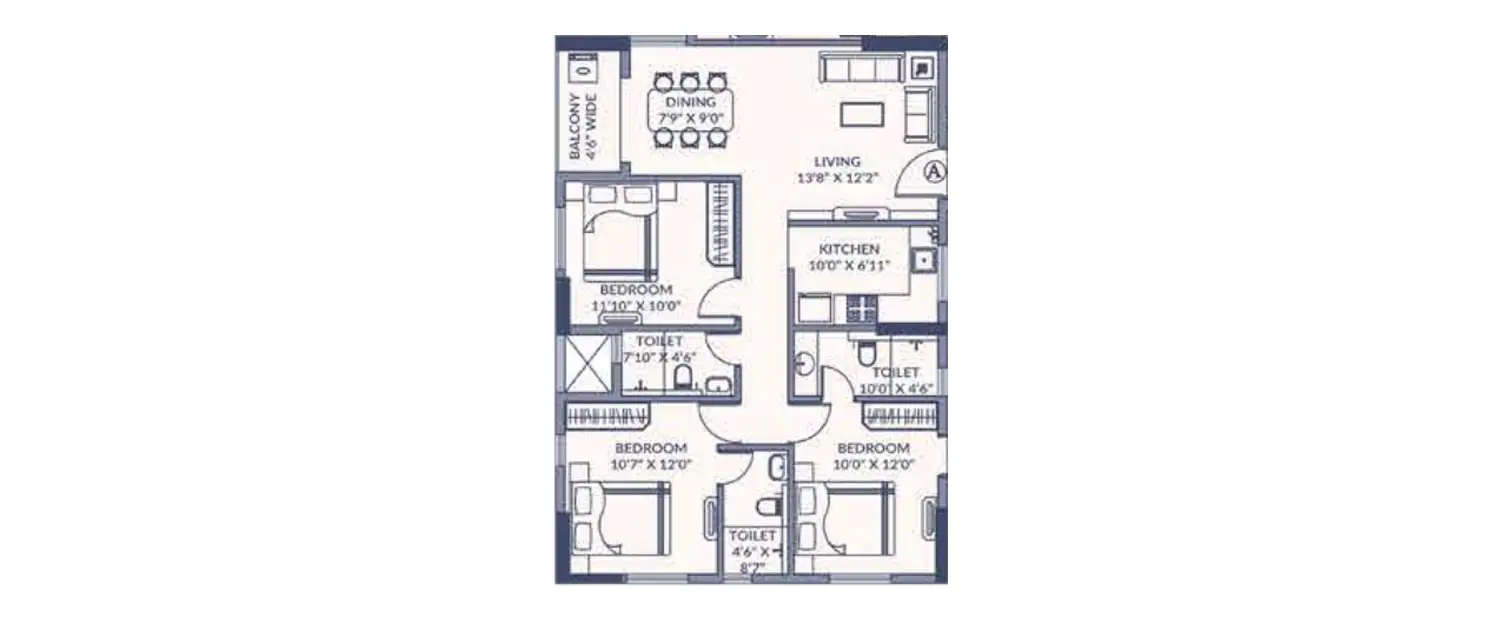 Floor plan for 3 BHK