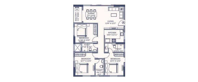 Orbit Dakshini Baranagar - Floor plan 3 BHK 1505 Sq.ft
