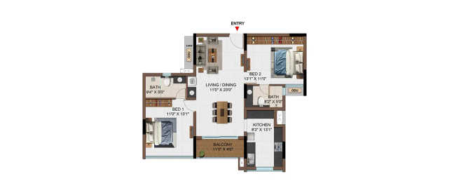 Casagrand Reva Pallavaram - Floor plan 2 BHK 1168 Sq.ft