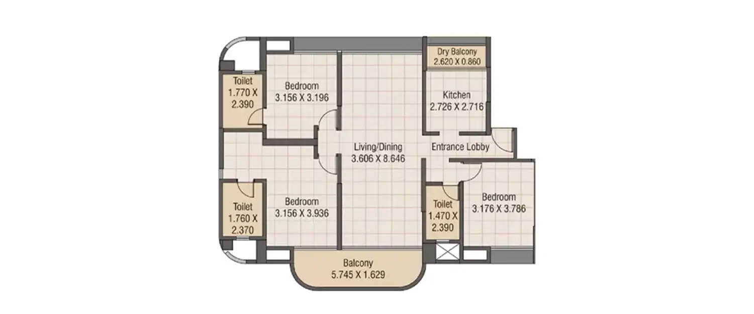 Floor plan for 3 BHK