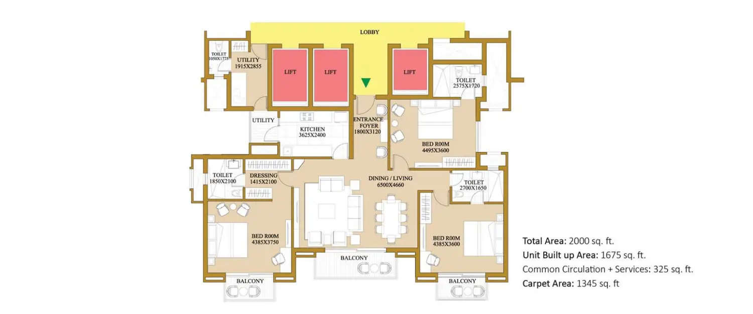 Floor plan for 3 BHK