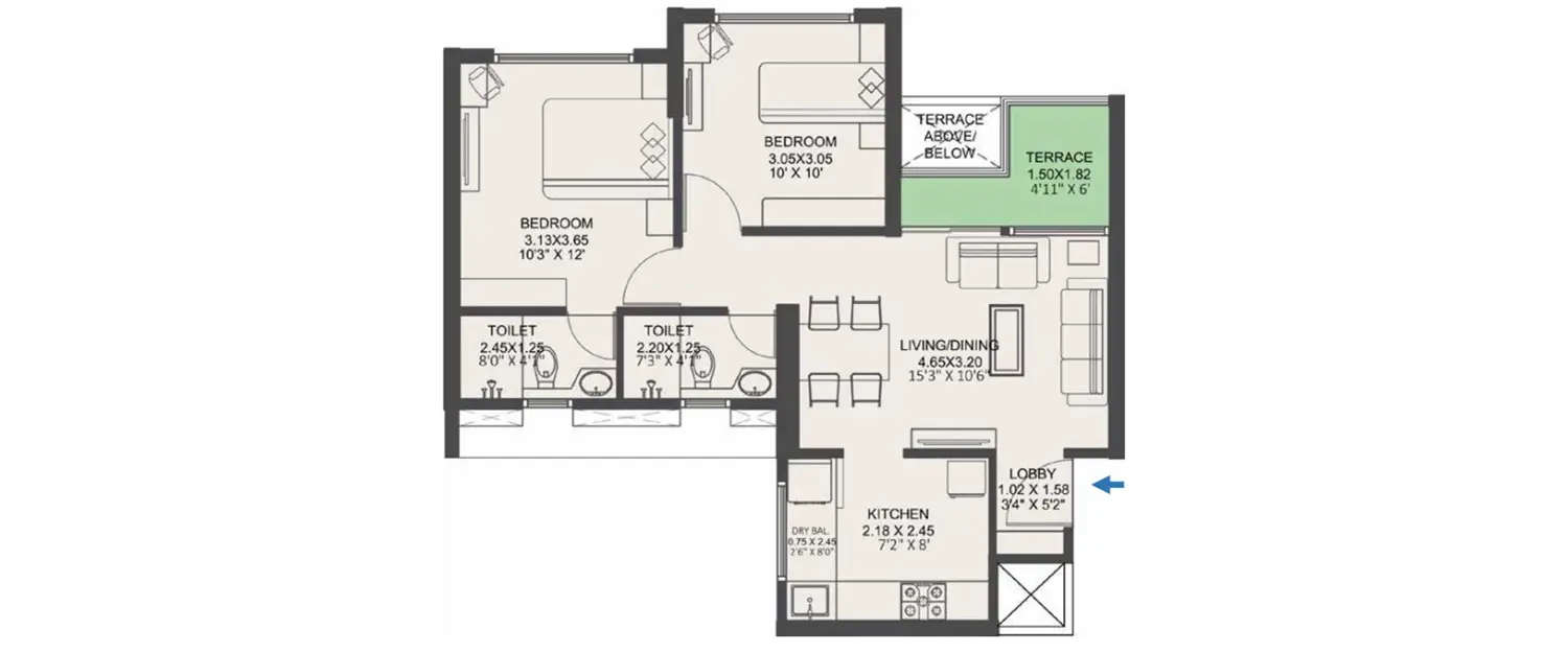Floor plan for 2 BHK
