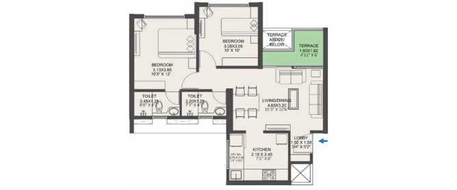 VTP Pegasus Kharadi - Floor plan 2 BHK 651 Sq.ft