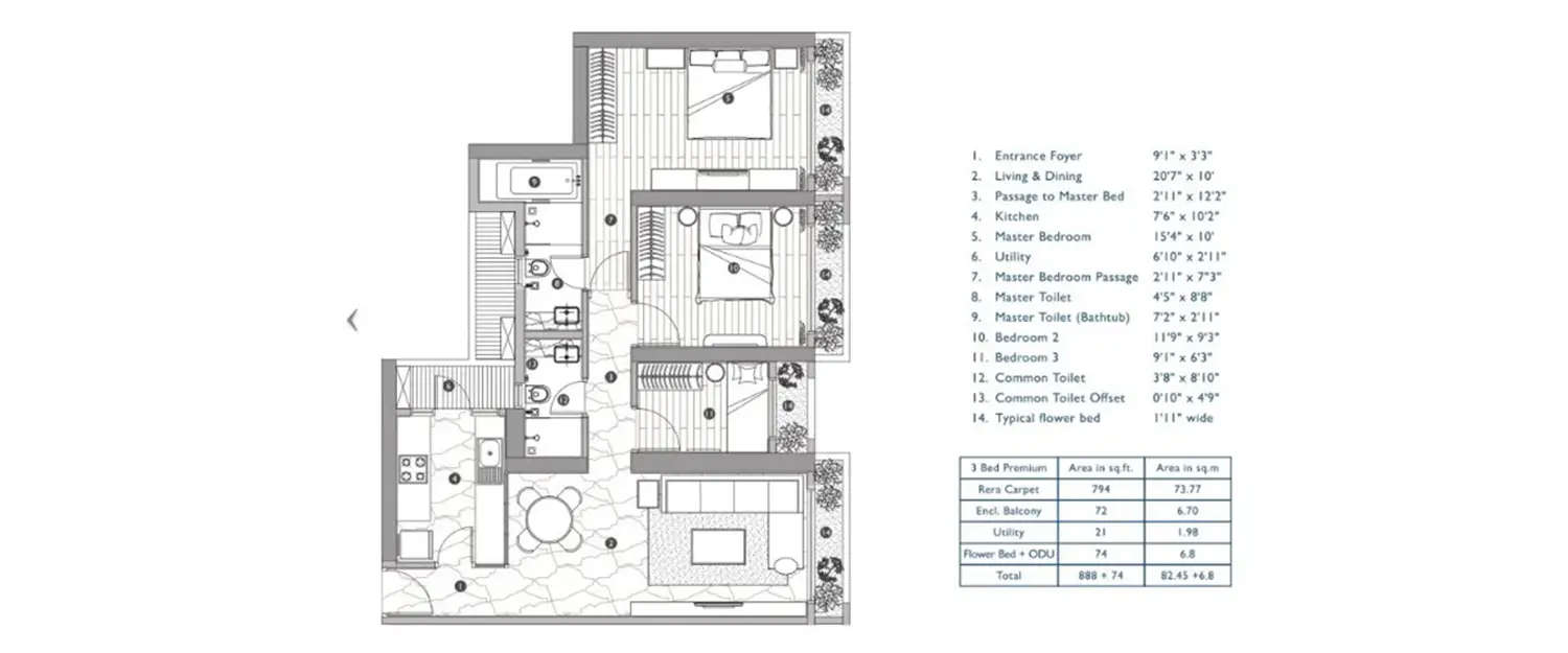 Floor plan for 3 BHK