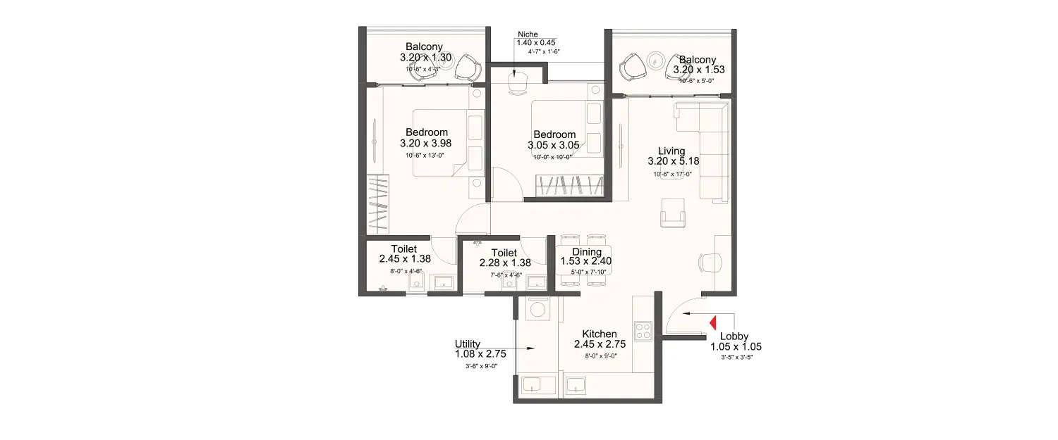 Floor plan for 2 BHK