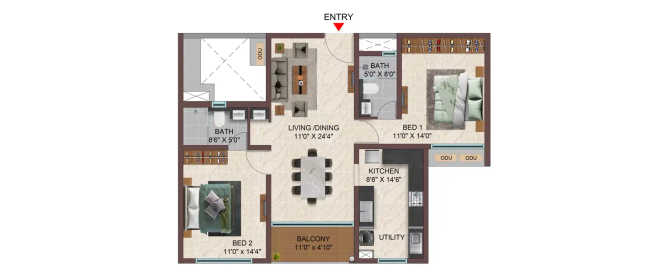 Casagrand Sun City Phase 2 Kelambakkam - Floor plan 2 BHK 1327 Sq.ft