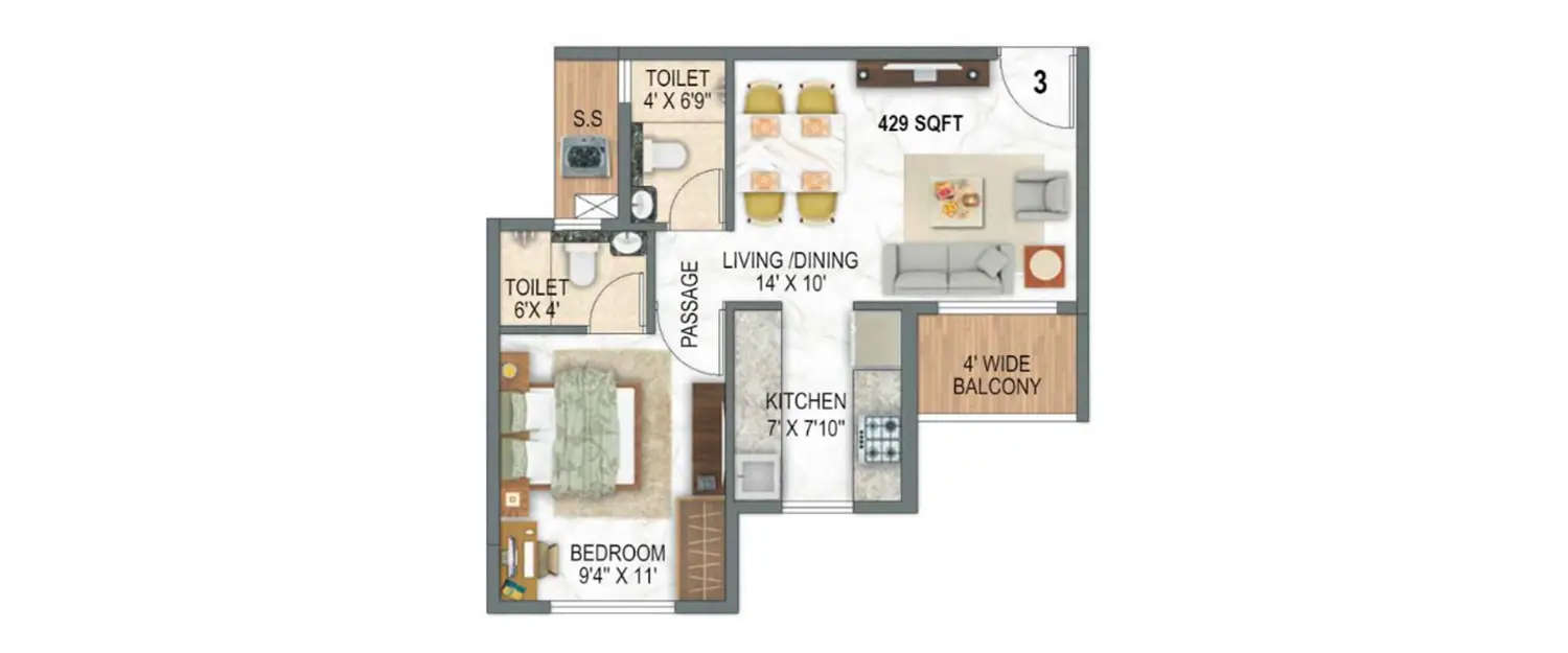 Floor plan for 1 BHK