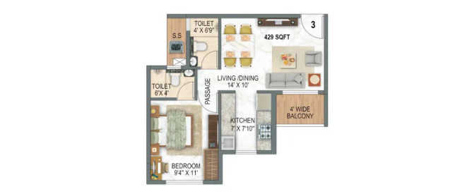 Today Anandam Oxyfresh Kharghar - Floor plan 1 BHK 429 Sq.ft